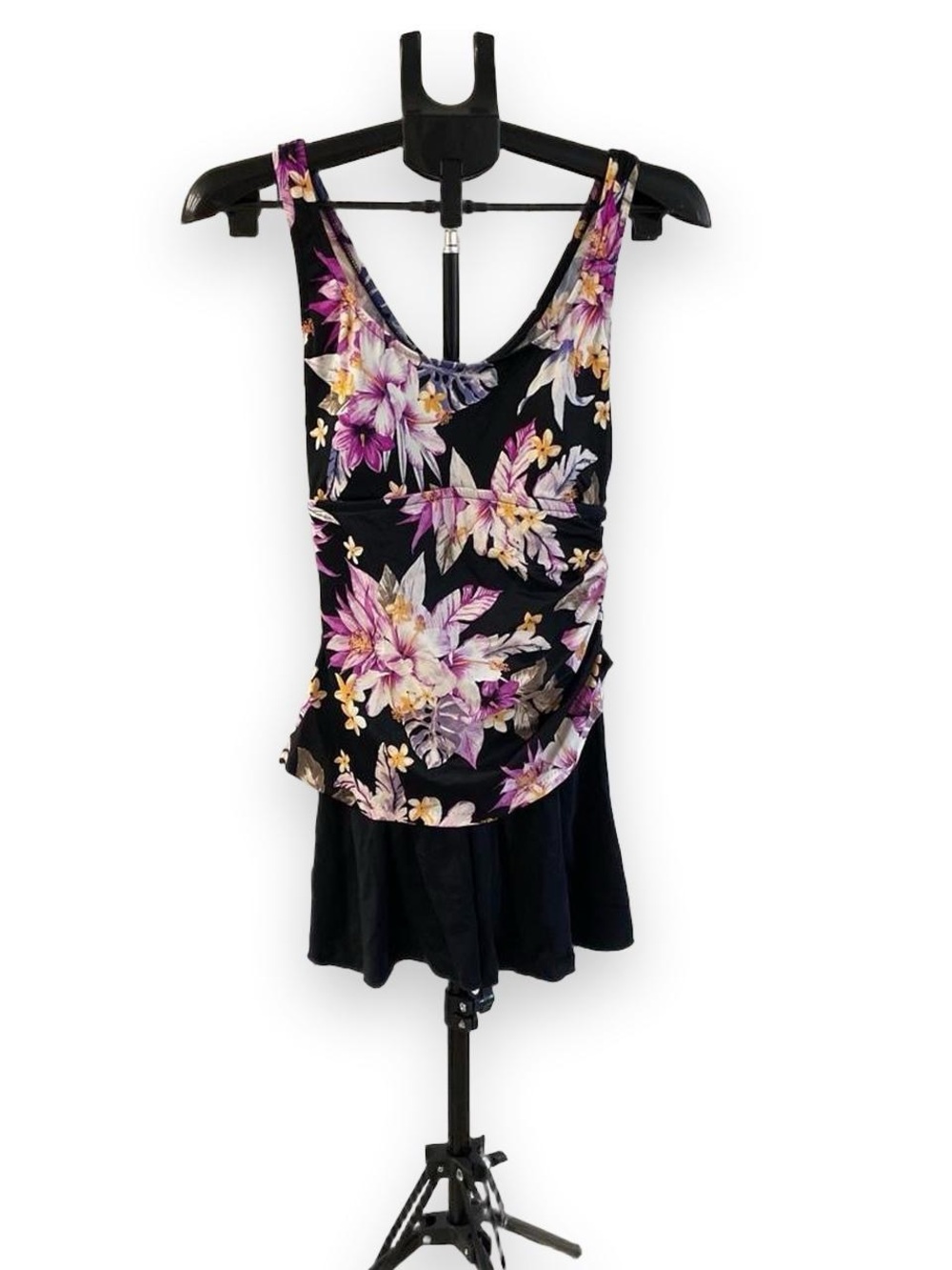 Floral Scoop Neck One-Piece Swimdress in Black and Purple